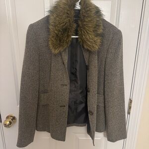 Vintage Gray Tweed Blazer with Brown Faux Fur Collar